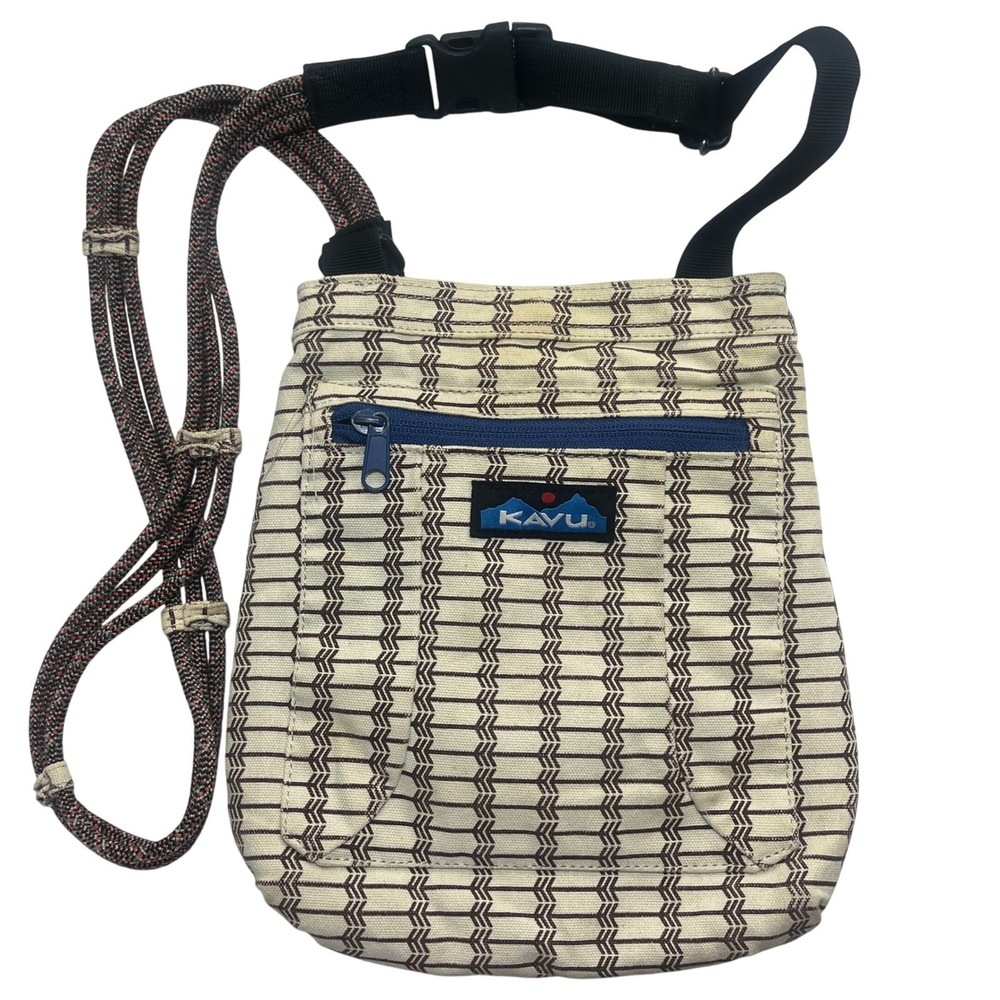 Kavu Keeper Crossbody Rope Strap Purse Beige Geometric Zipper Snap Bag